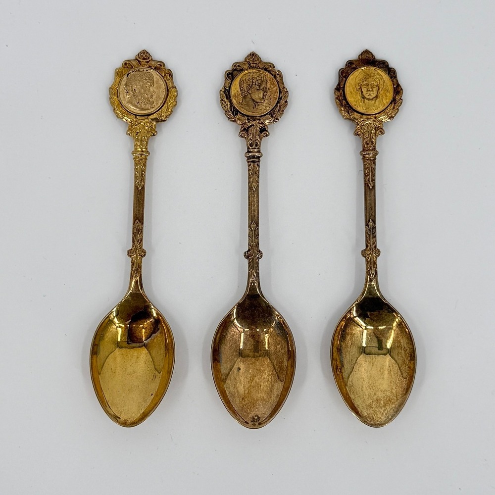 Antique Dutch .833 Silver-Gilt Demitasse Spoons Set of 3 Portrait Finials